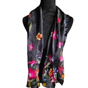 Bill Blass Silk Satin Scarf Black Floral Botanical Print Luxury Designer Print